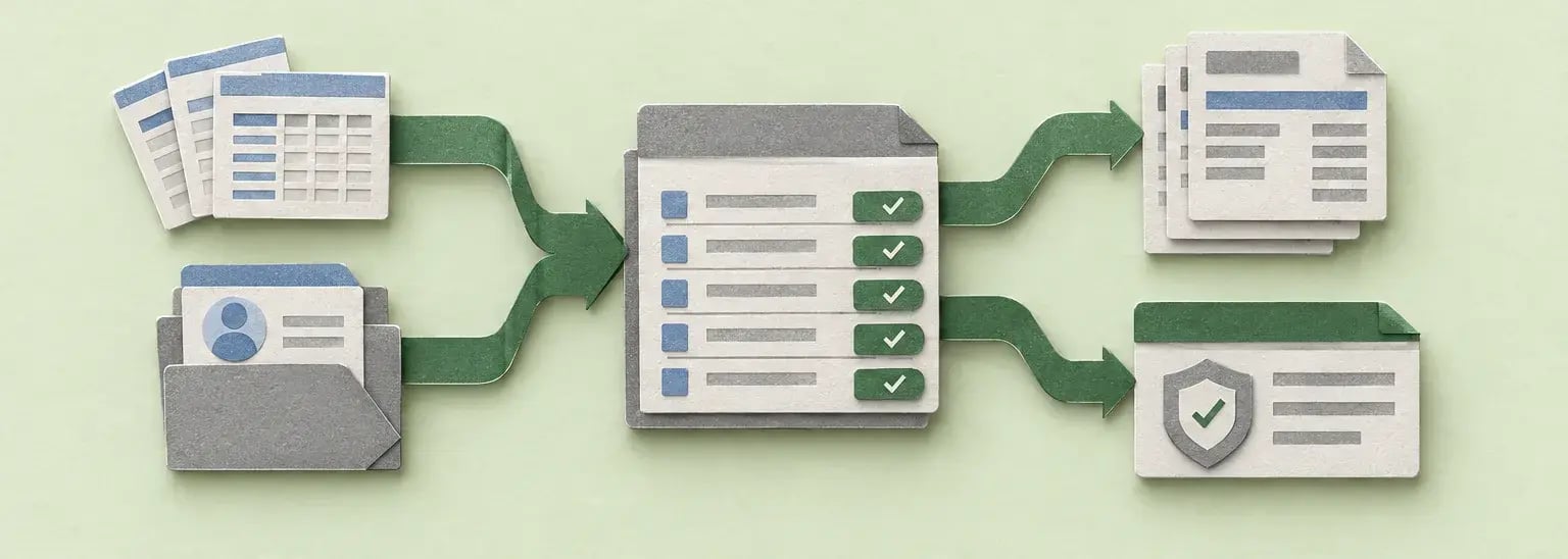 Timecards and employee records feed a connected payroll ledger, which produces pay documents and tax-payment controls.