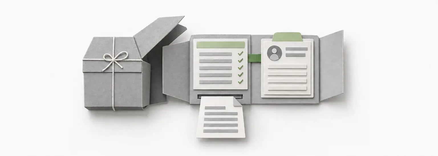 A folded paper workspace opens to payroll and employee records, with a document available from a slot.