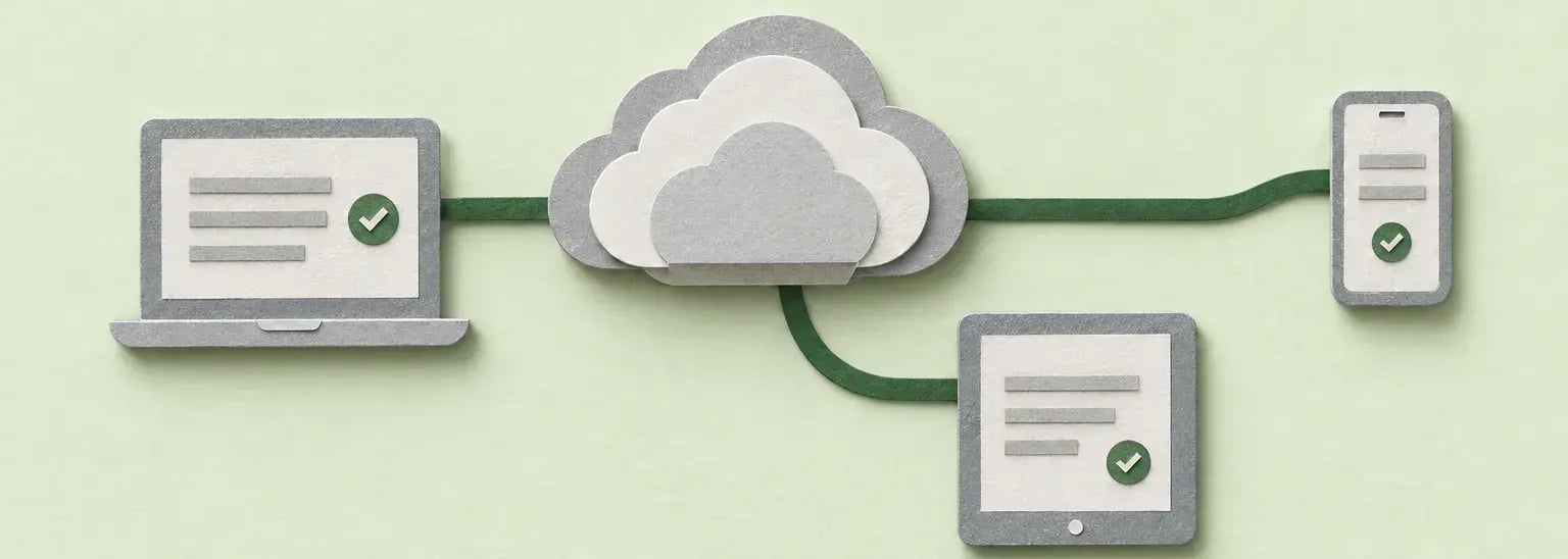 A paper cloud connects laptop, tablet and phone screens.