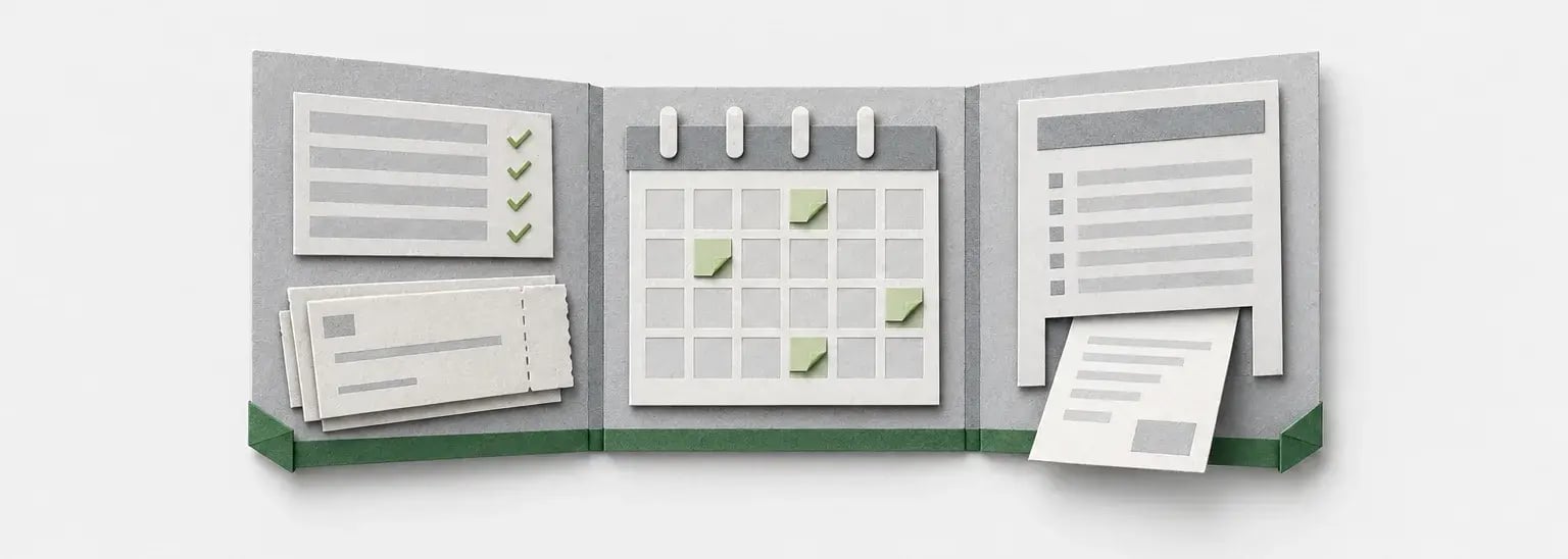 A folded three-panel workflow shows payroll calculations, a time-off calendar and online pay documents.