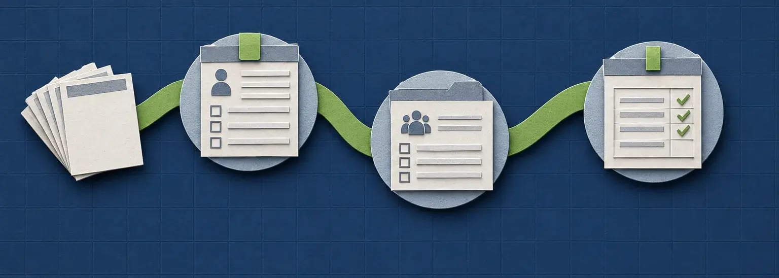New-hire records flow through connected onboarding, HR and payroll stations.