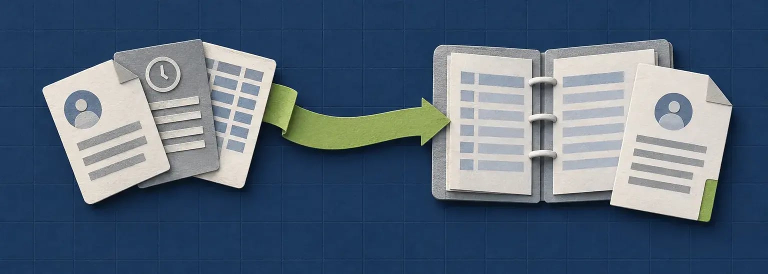 Employee records and timecards flow into an open payroll ledger through a folded green paper ribbon.