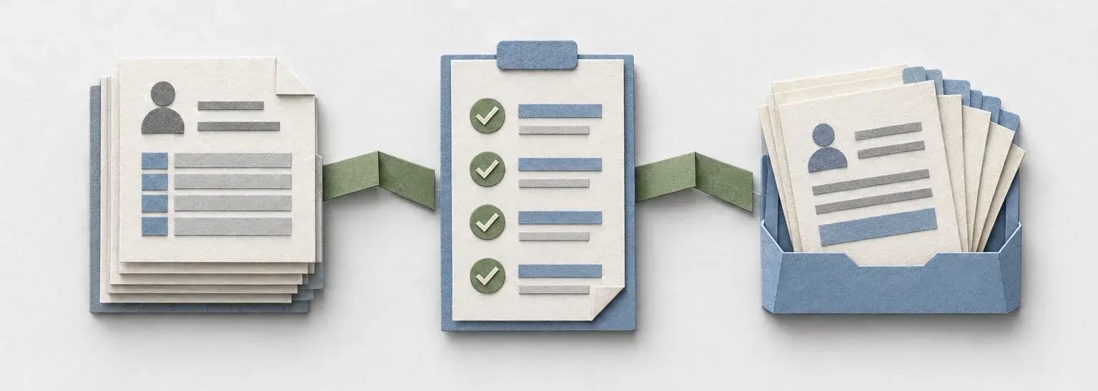 Payroll records pass through a checked tax-filing sheet into a tray of completed documents.
