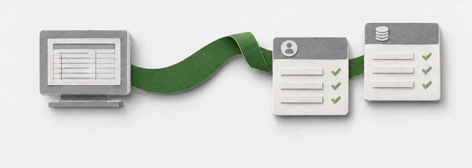 An older desktop system connects to payroll and finance panels through a folded paper ribbon.