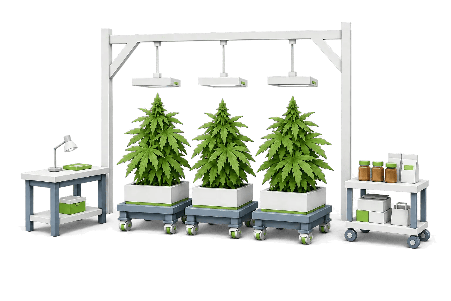 Layered-paper illustration of an indoor cannabis greenhouse with grow lights, benches of plants, and a retail counter