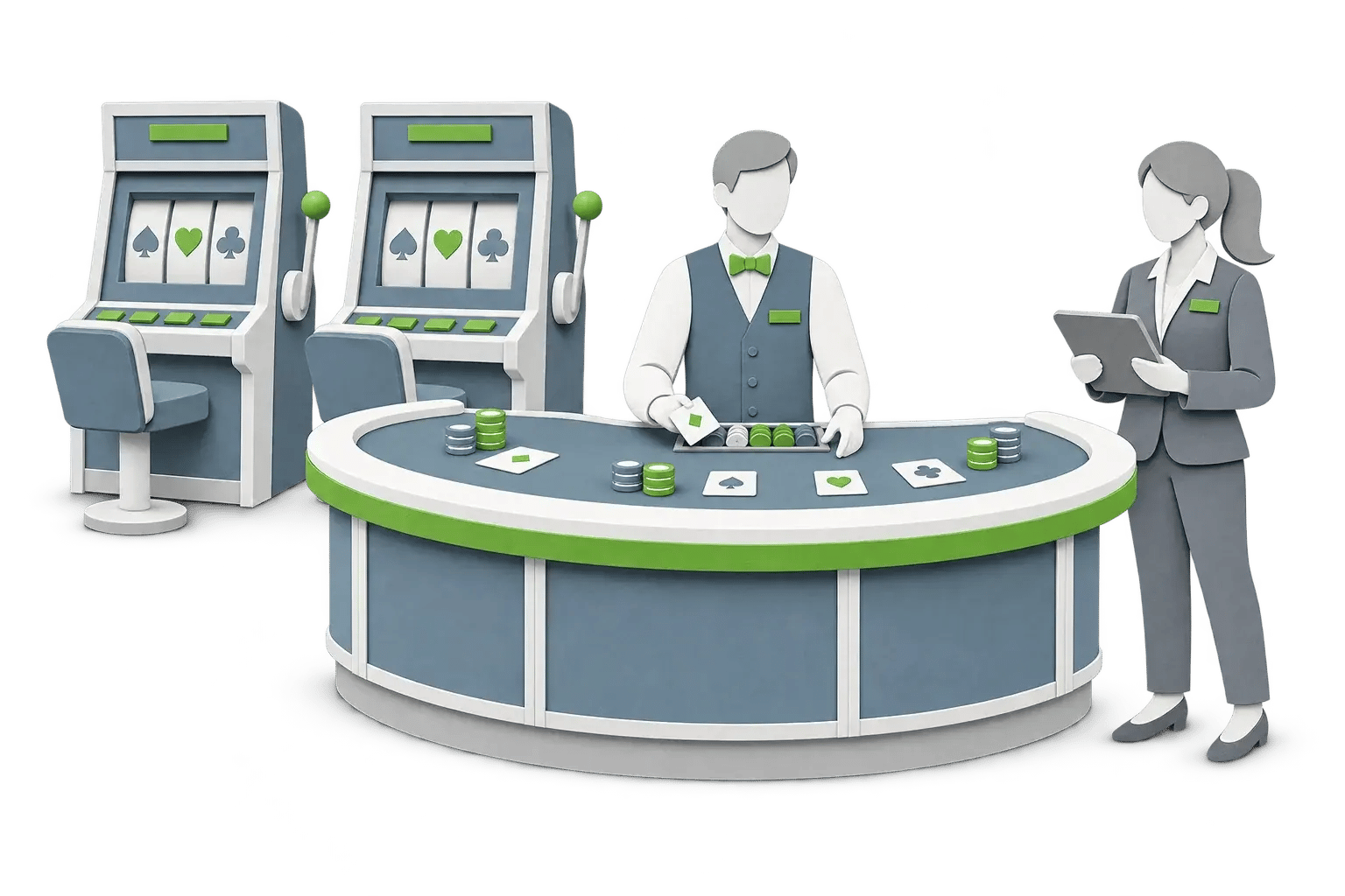 Layered-paper illustration of a casino gaming pit with two slot machines, a gaming table with a dealer, and a floor supervisor reviewing a tablet