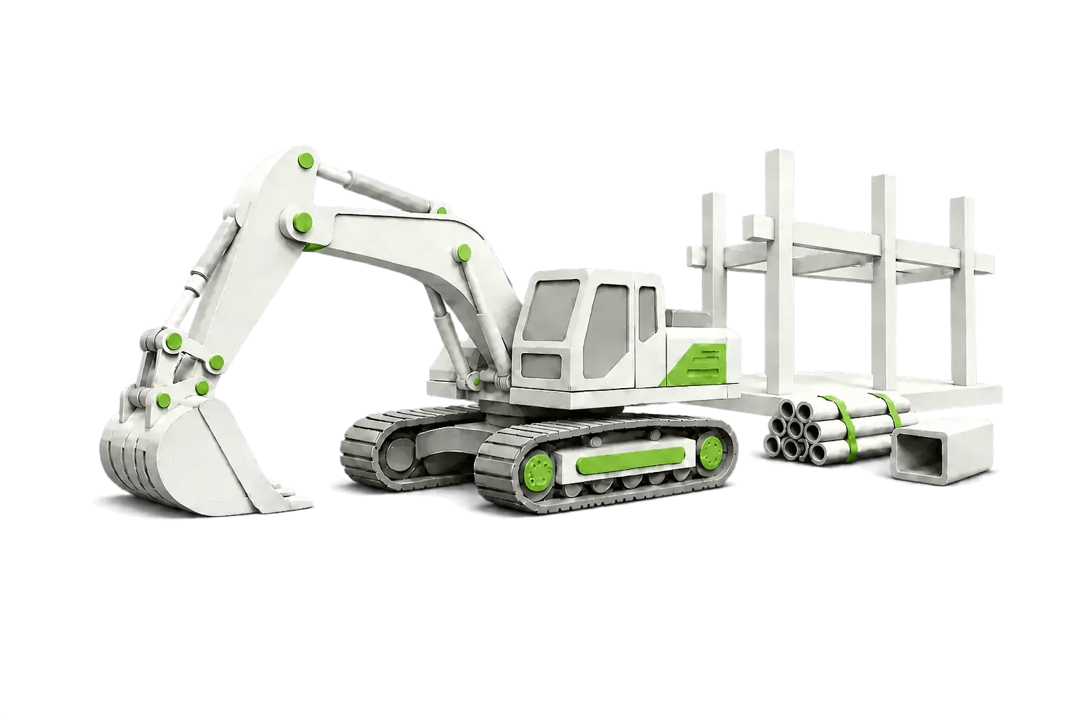 Layered-paper illustration of a tracked excavator on a construction site