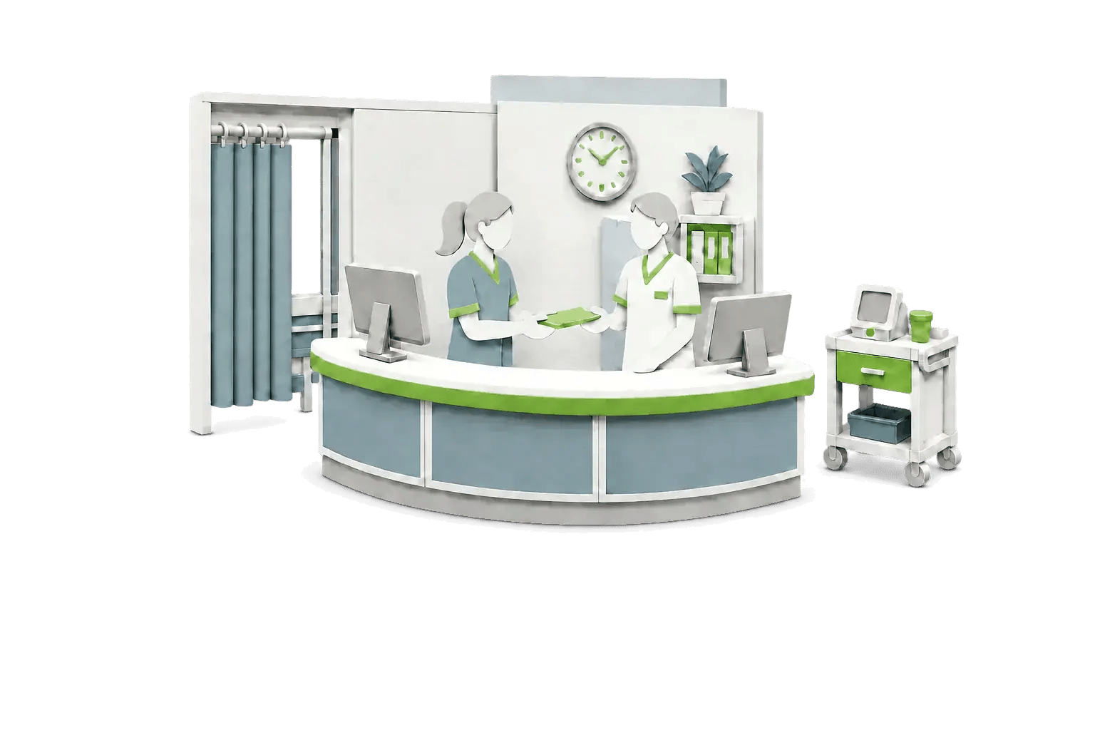 Layered-paper healthcare shift hub with a nurses' station, two clinical staff, privacy curtain, and rolling clinical cart