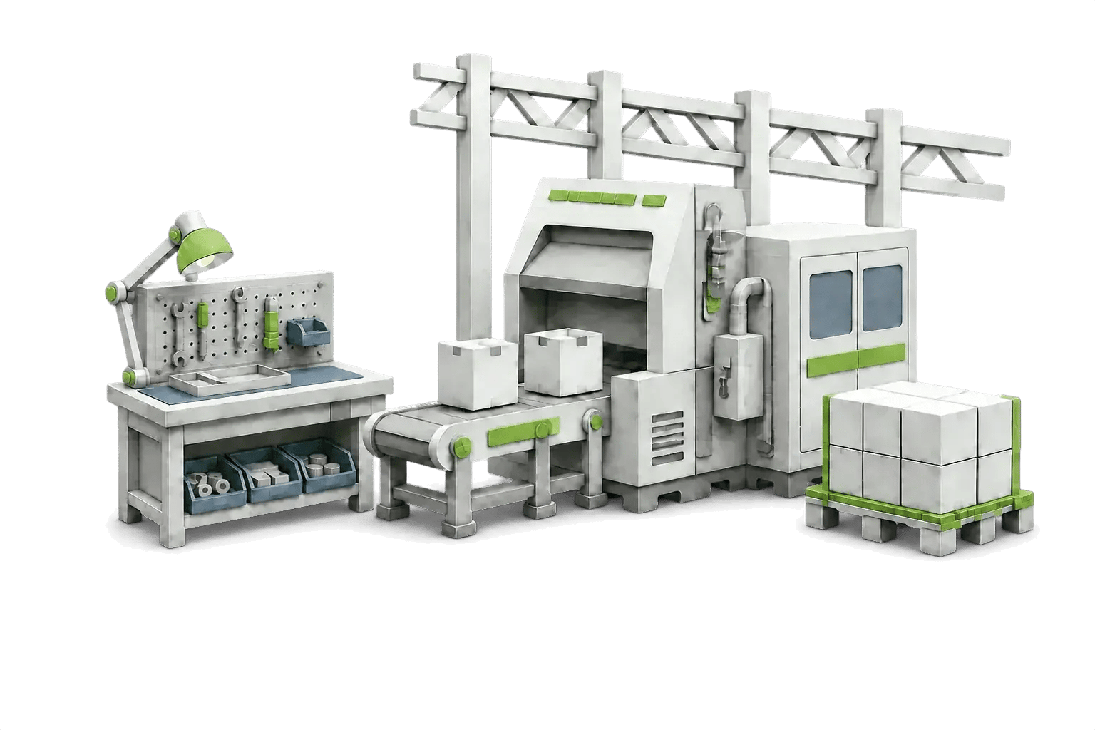 Layered-paper illustration of a plant production line — robot arm, conveyor, packaging machine and a finished pallet
