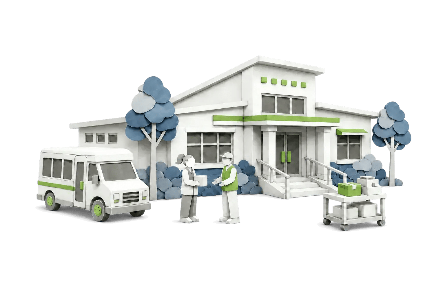 Layered-paper nonprofit community center with an outreach shuttle, staff, and program supplies