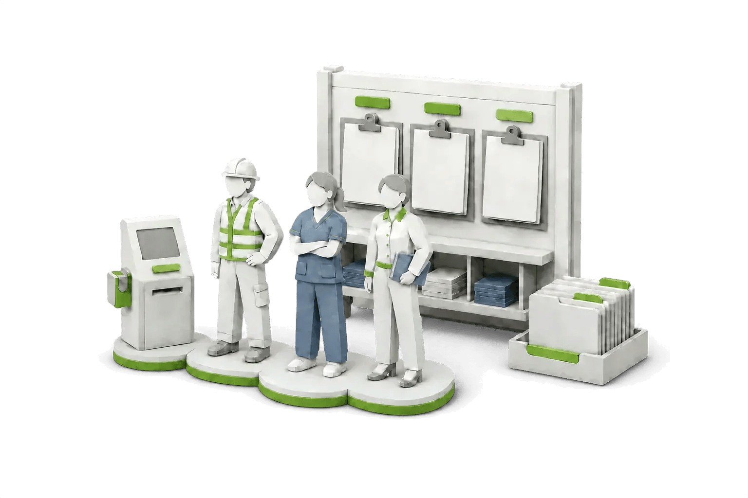 Layered-paper staffing placement hub with industrial, healthcare, and professional workers, an assignment board, a check-in kiosk, and client folders