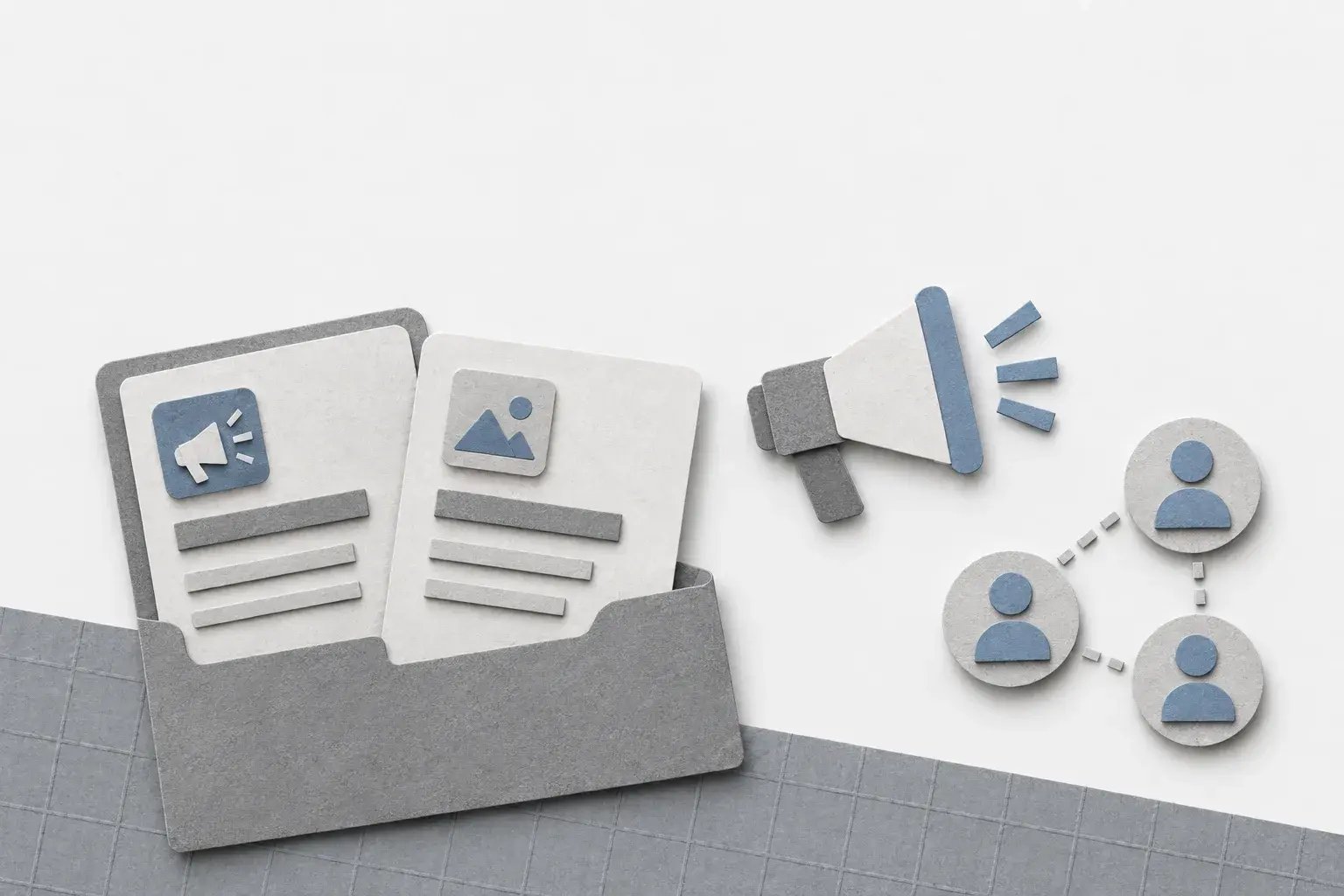 Silver-gray layered paper marketing materials and audience connections