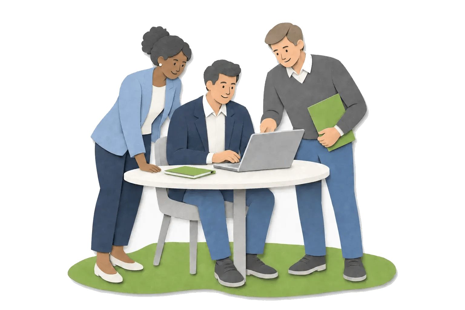 Three business partners collaborating around a laptop