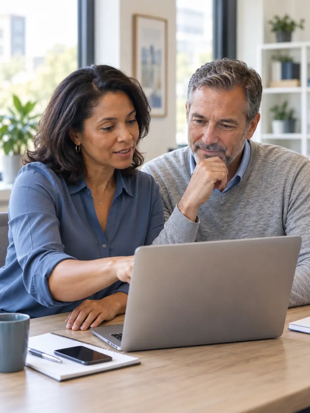 Two business professionals reviewing a laptop together