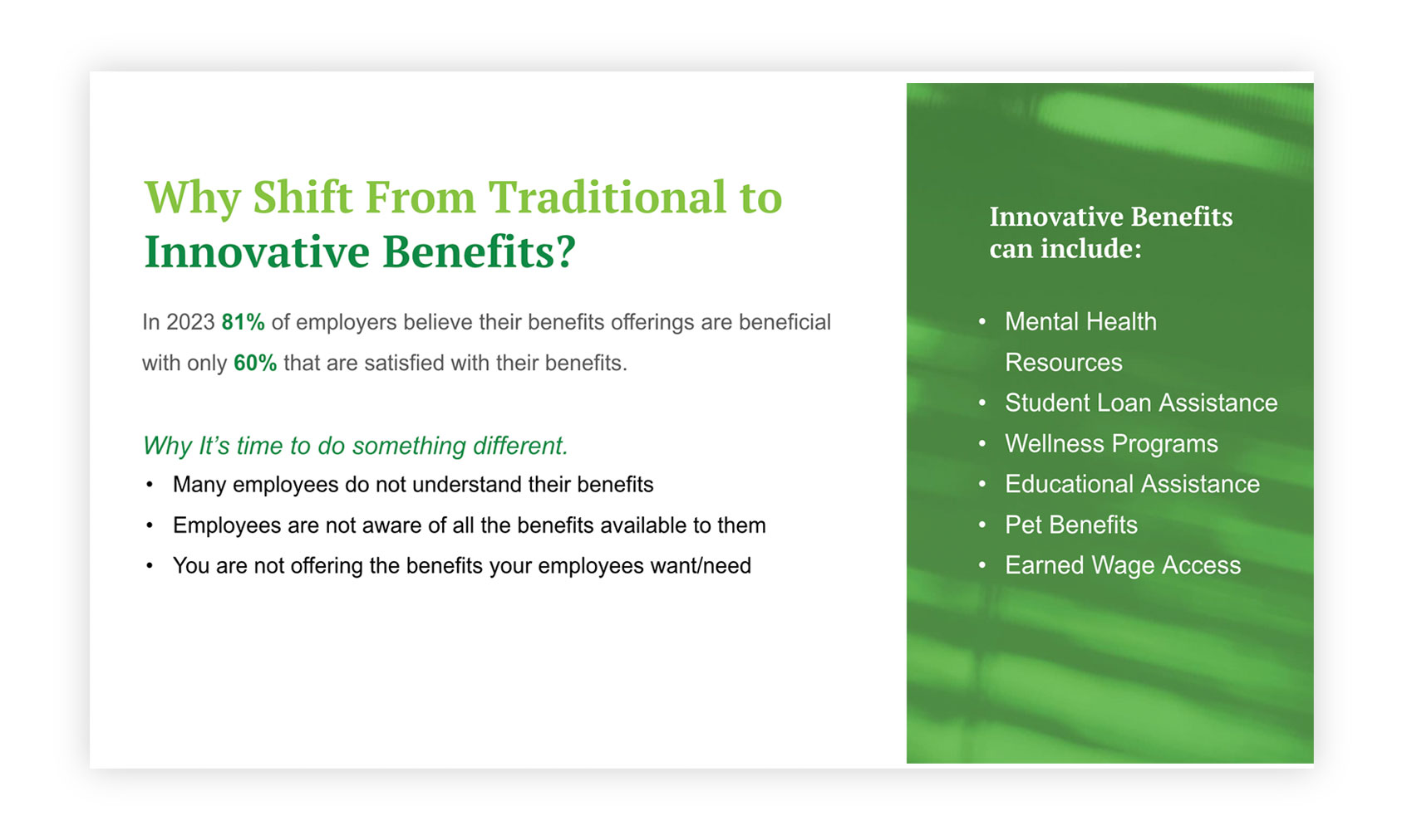 Slide from Webinar: Why shift from tradition to innovative employee benefits