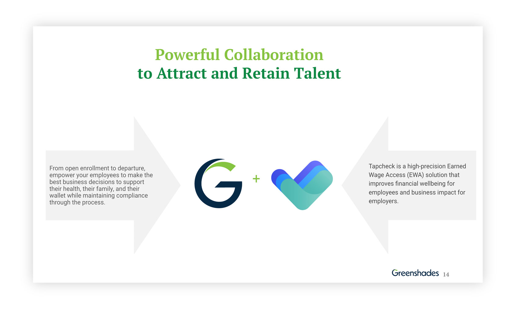 Webinar Slide: Greenshades and Tapcheck are a powerful software collaboration to attract and retain talent 