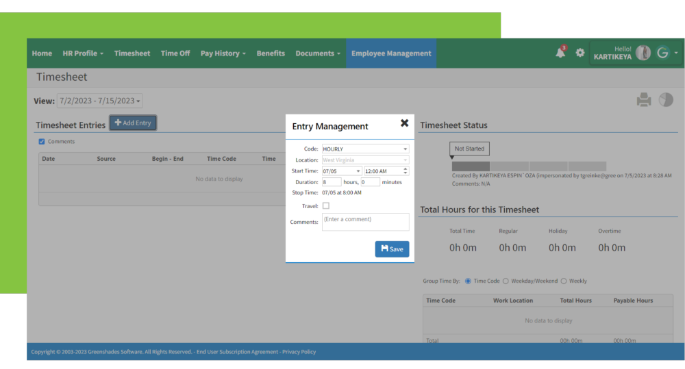 web-based time clock in Greenshades