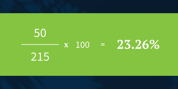 50 divided by 215 times 200 equals 23.26%